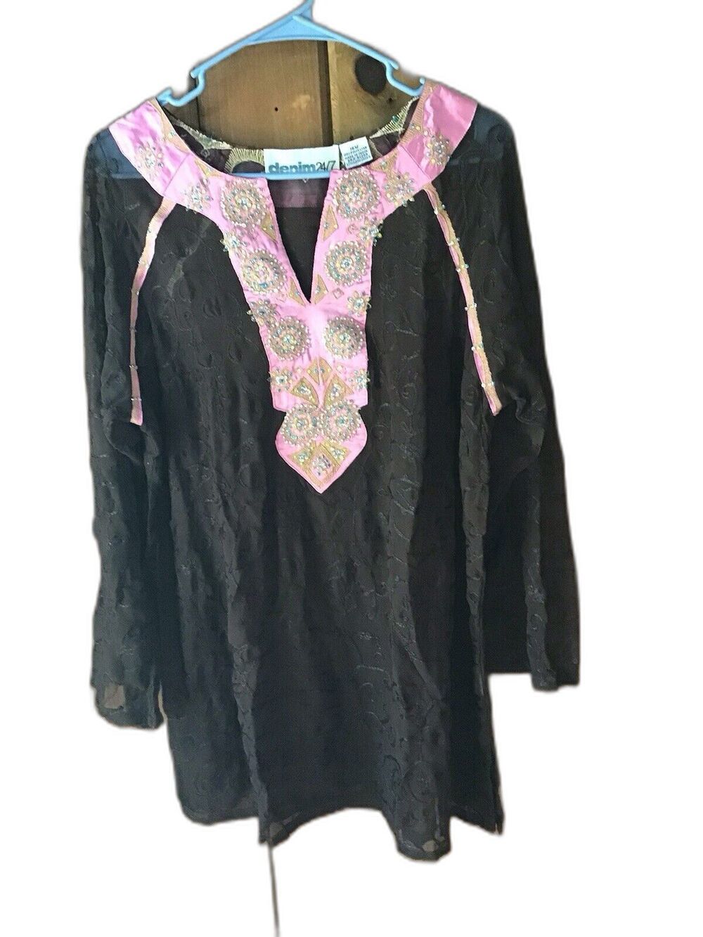 Denim 24/7 Womens Size 16 Sheer Brown Beaded Boho Top Floral Hippie Love Child